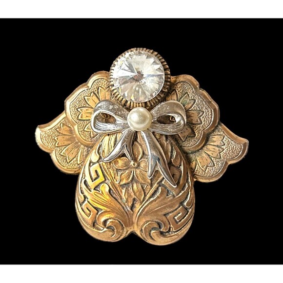 Vintage Angel Brooch by Jane Davis-Signed Gold Tone Metal Faux Pearl Rhinestone - Picture 1 of 3